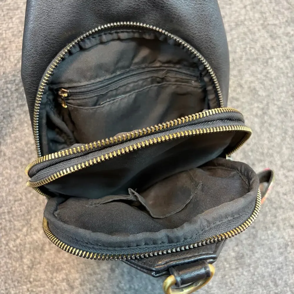 Antik Kraft Black Vegan Leather Sling Backpack Crossbody Bag Patterned Strap